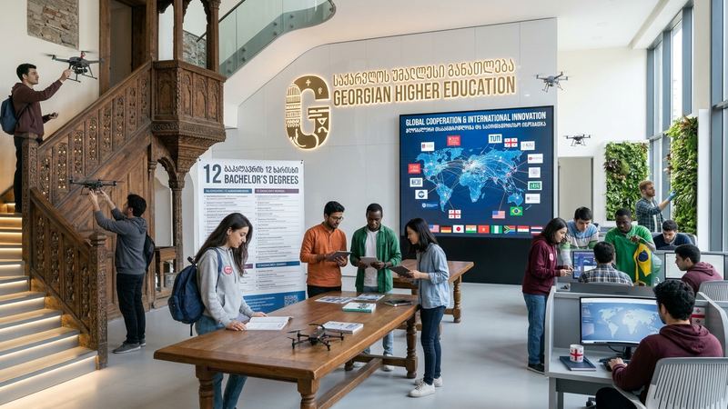 International undergraduate students working together in a university hall in Georgia
