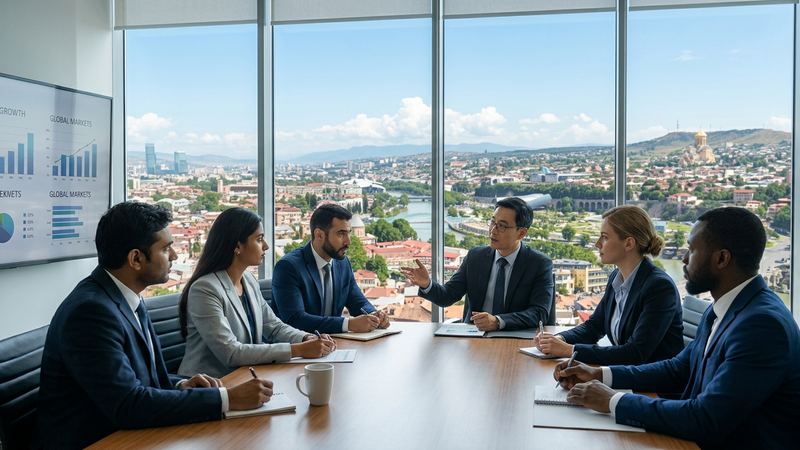International business team in a meeting room overlooking Tbilisi, Georgia