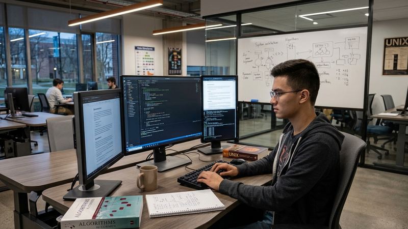 Computer science student coding at a workstation with three monitors