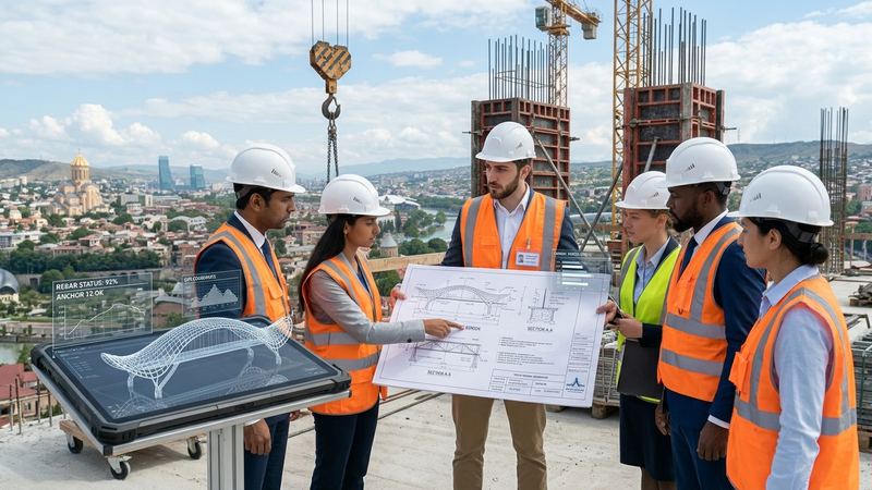 Engineering students in hard hats reviewing bridge drawings on a construction site in Tbilisi